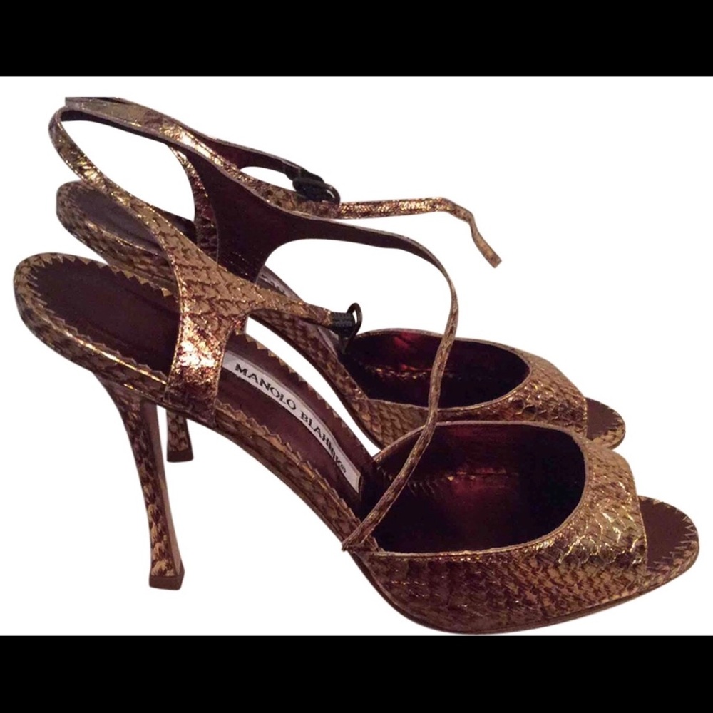 Manolo Blahnik gold snake water heels